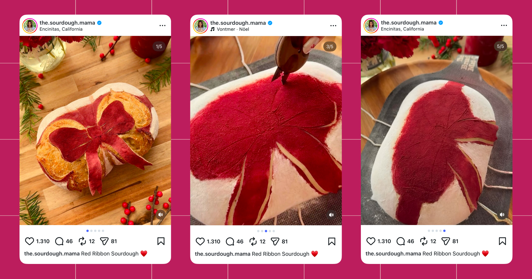 Screenshot of sourdoughmama's infamous red bow loaf of sourdough on Instagram 