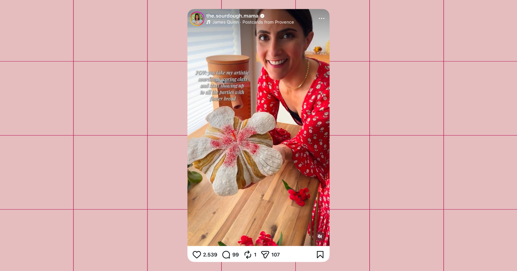 Screenshot of sourdoughmama showing off a beautiful loaf styled to look like a flower