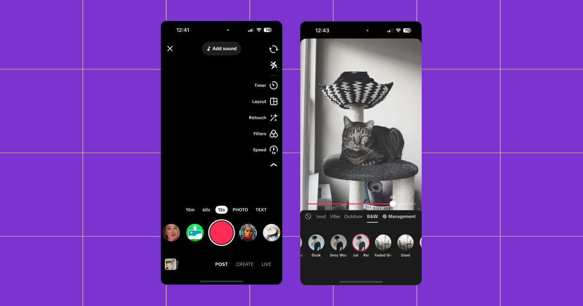 Screenshot of black and white TikTok filters