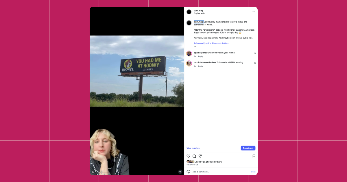 Screenshot of Chronically Online Magazine's Instagram account post of a Bucee's billboard with a typo, filmed using the TikTok greenscreen effect