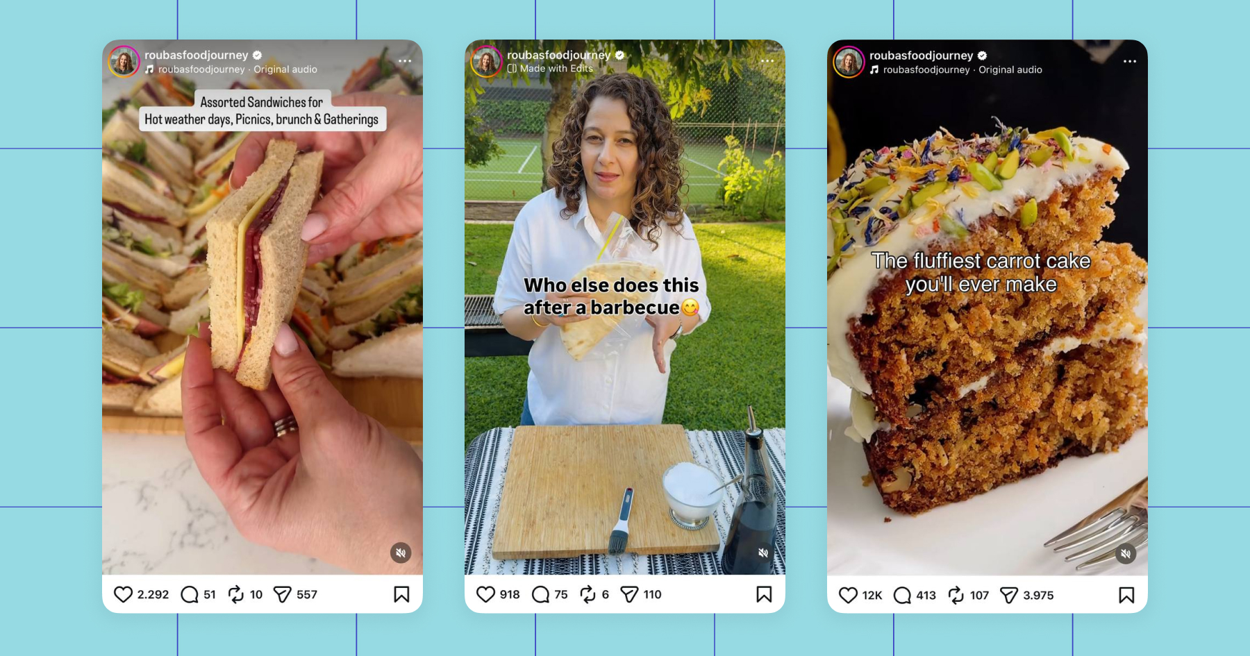 Screenshot of posts from Rouba's Food Journey account on Instagram 