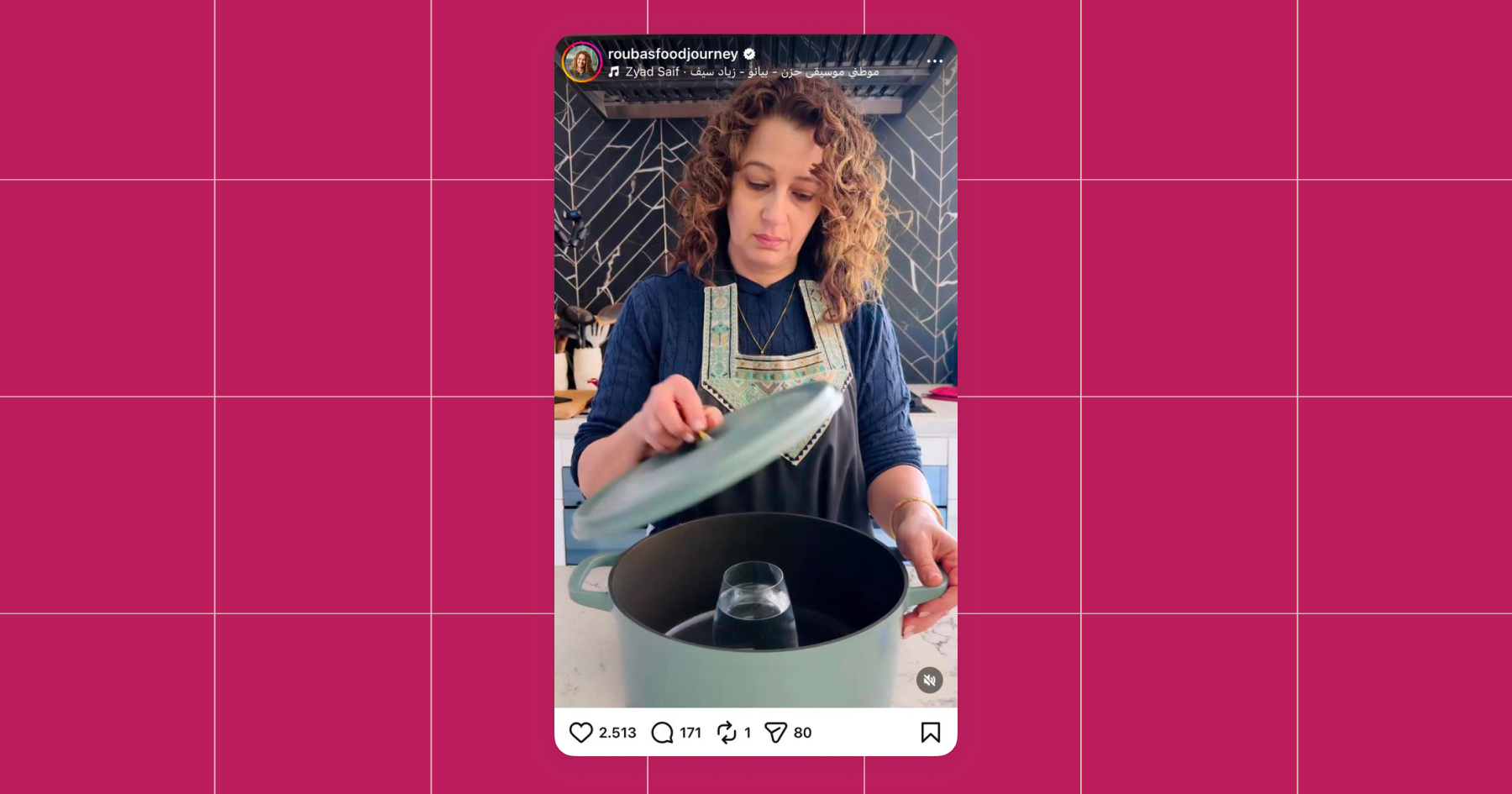 Screenshot of Rouba demonstrating a cooking technique on her Instagram account 