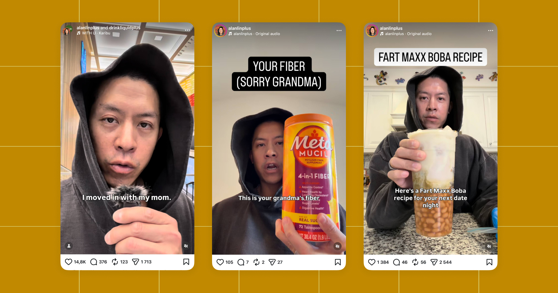 Screenshots of a creator famous for his "Fart Maxxing" content: 1. "I moved in with my mom." 2. "Your fiber (sorry grandma). This is your grandma's fiber" holding up a fiber supplement. 3. Fart Maxx Boba Recipe: "Here's a Fart Maxx Boba recipe for your next date night". It appears to include beans and not actual boba. 