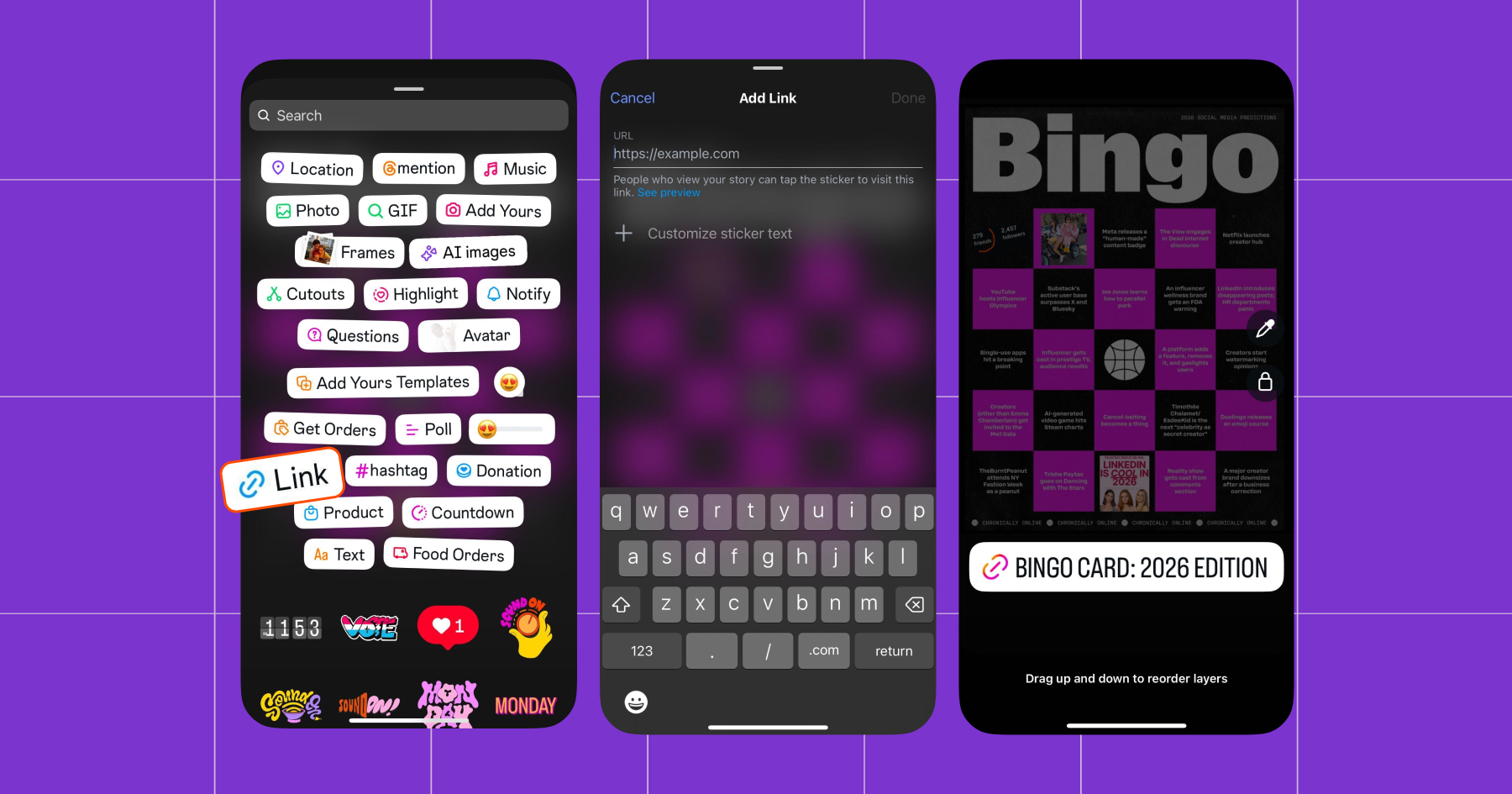 Screenshots of Instagram Story sticker options, including Link 