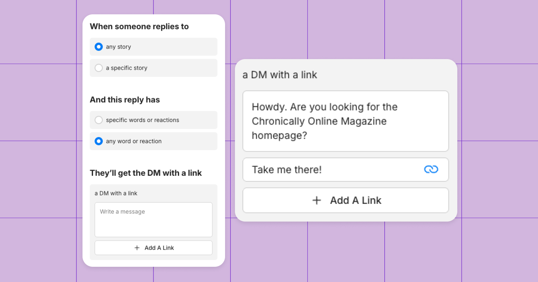 Screenshots of options for the Manychat Instagram Story reply automation 