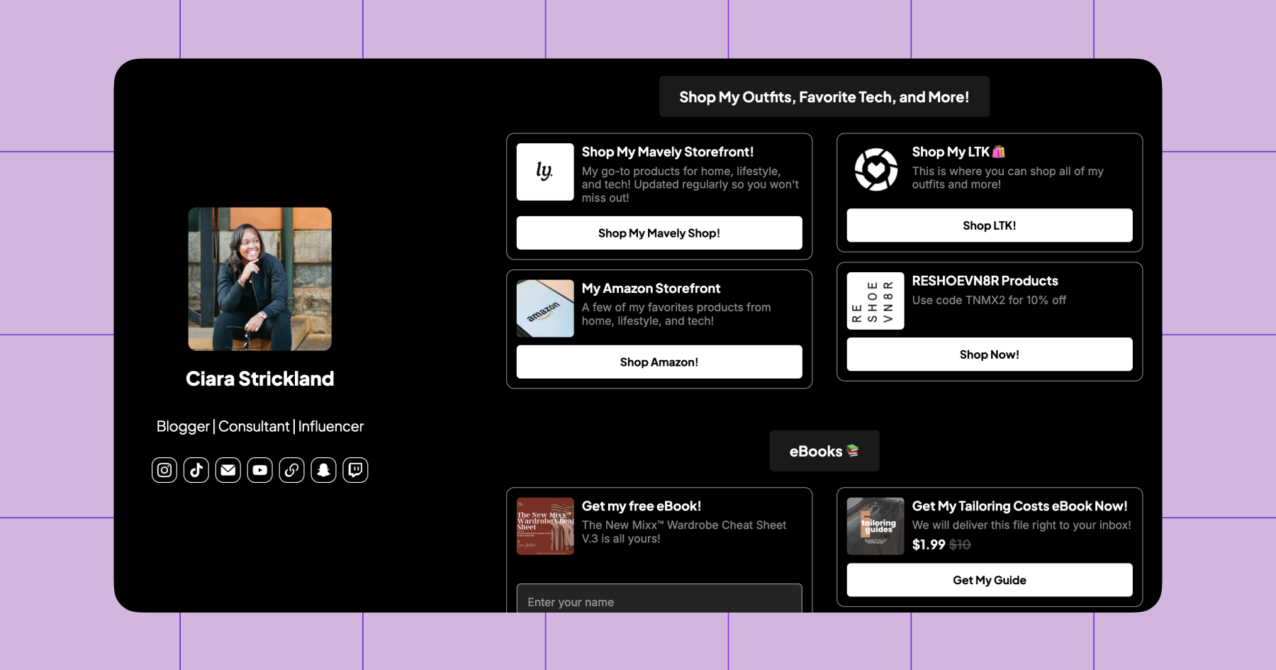 Screenshot of Ciara Strickland's Stan storefront 