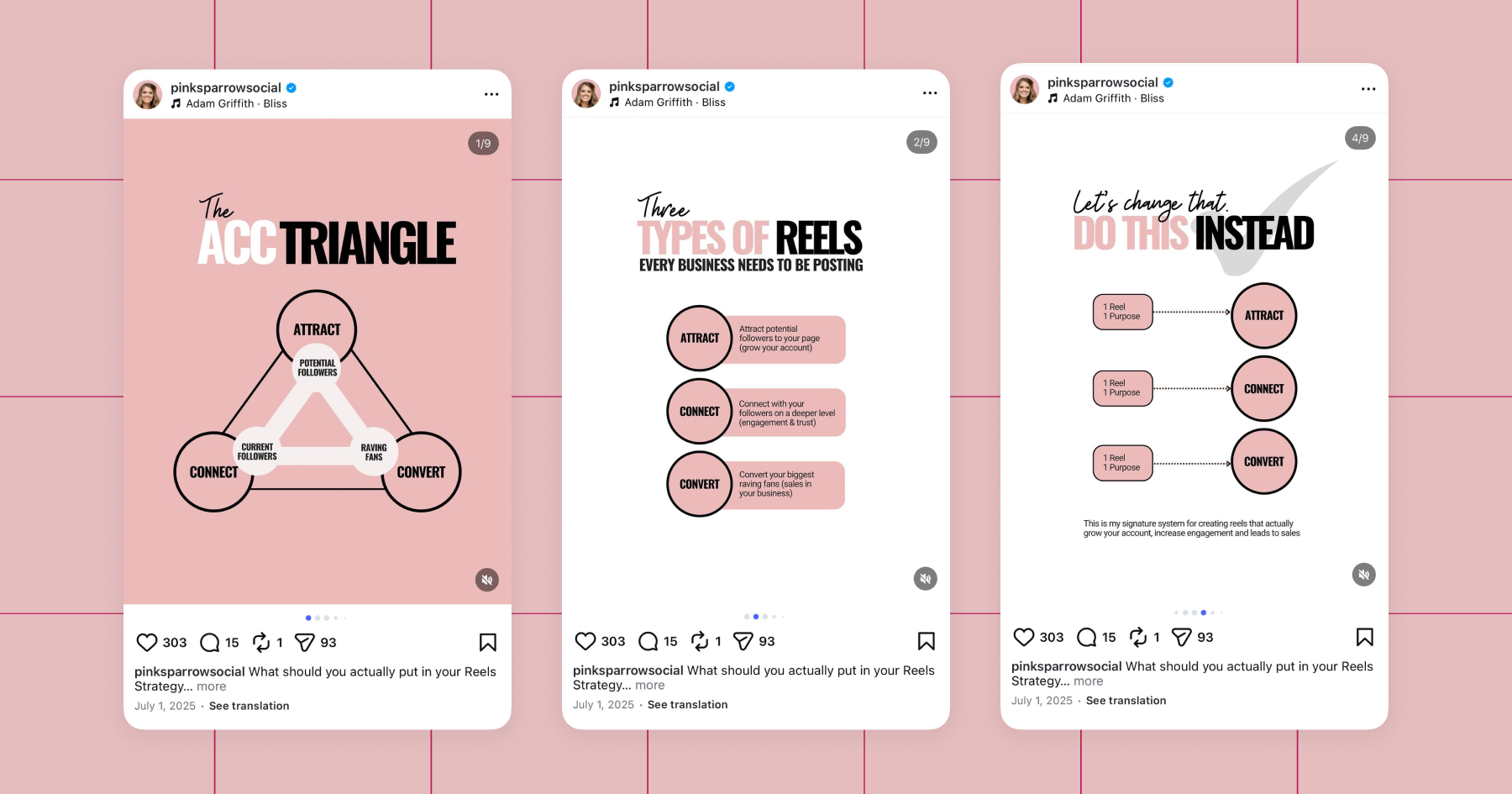 Screenshot of Pink Sparrow Social posts on Instagram