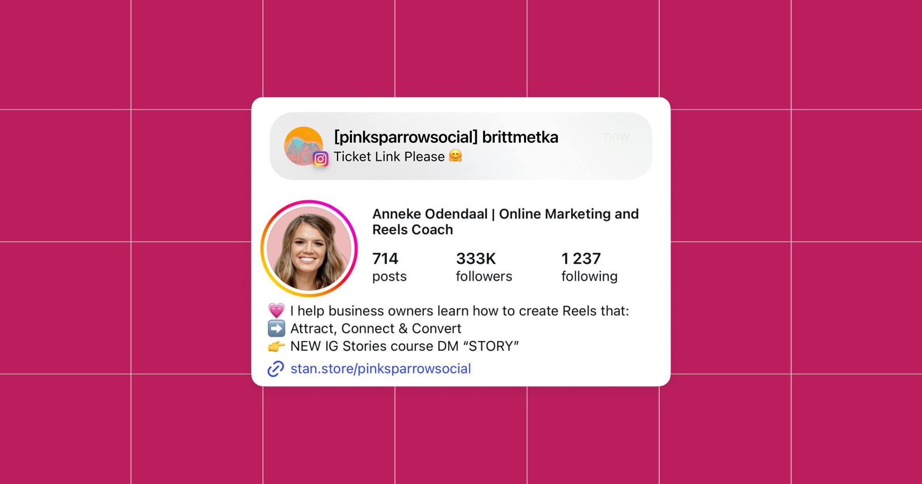 Screenshot of a request for a ticket link to Pink Sparrow Social on Instagram