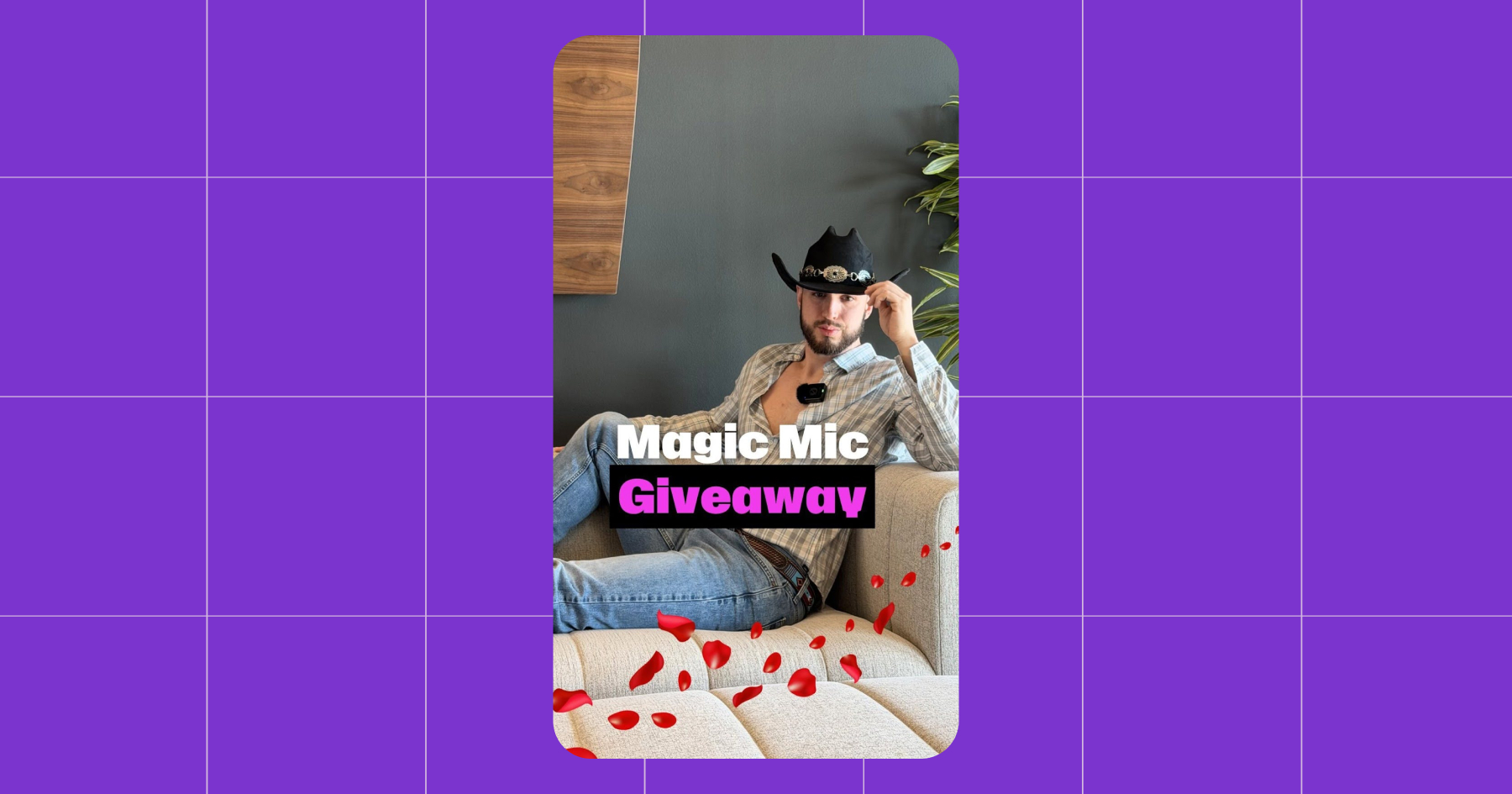 Screenshot of the Magic Mic giveaway post cover image on the Manychat and Chronically Online Magazine Instagram accounts. It's a cowboy reclining on a couch with digital rose petals scattered across the screen.