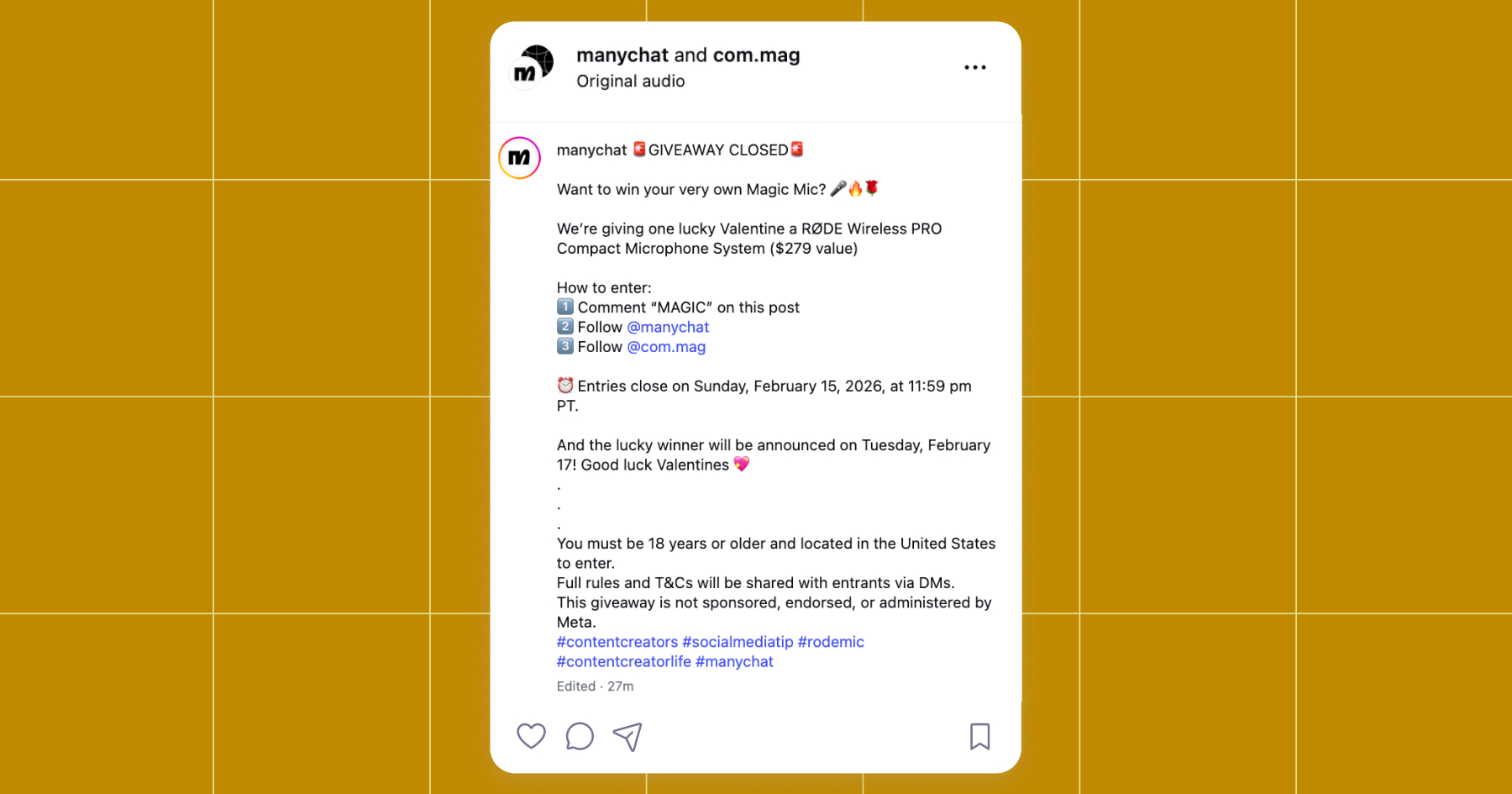 Screenshot of the Magic Mic giveaway post caption on the Manychat and Chronically Online Magazine Instagram accounts
