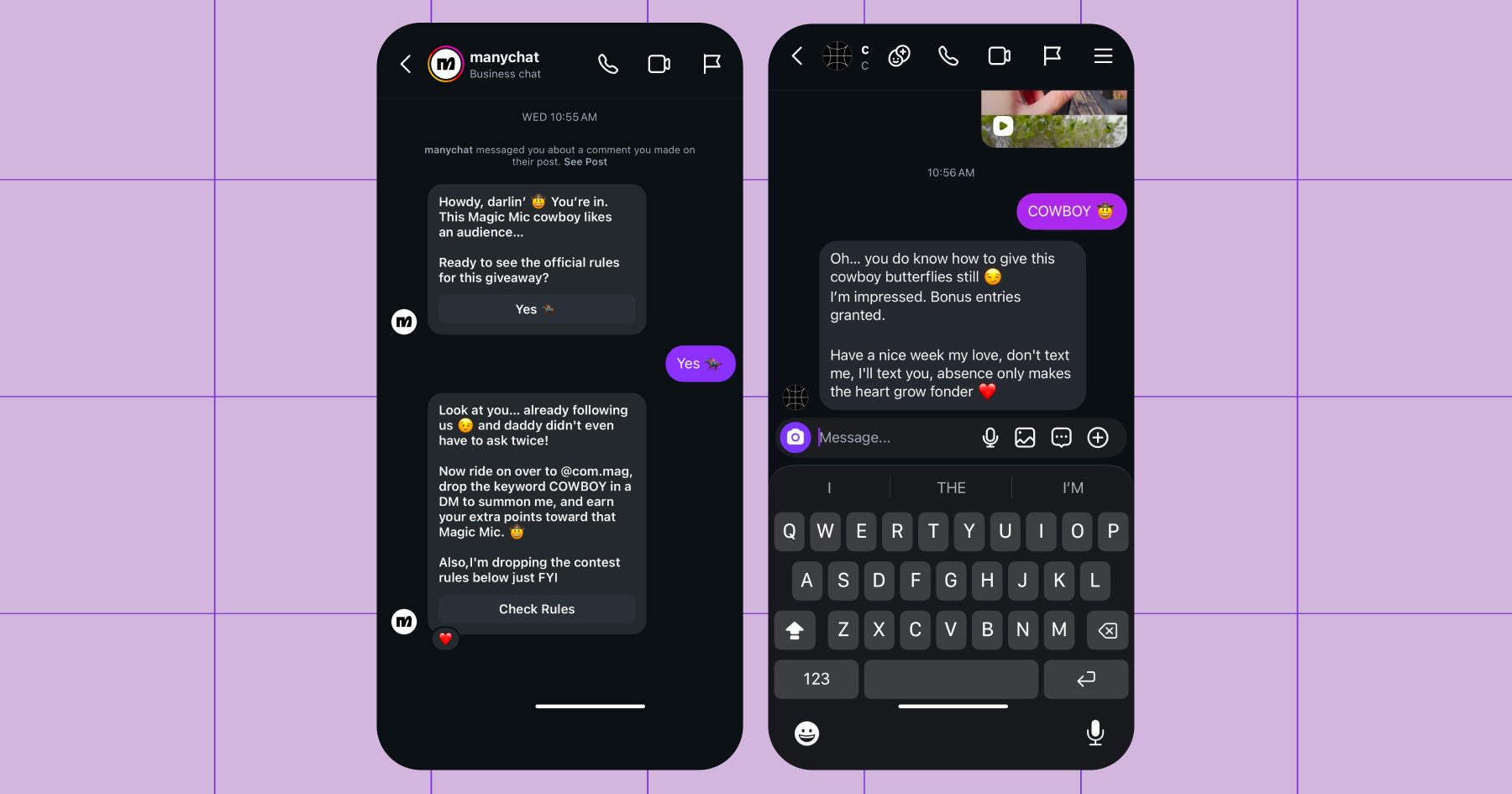 Screenshot of how the Manychat Magic Mic giveaway automation looked in Instagram DMs