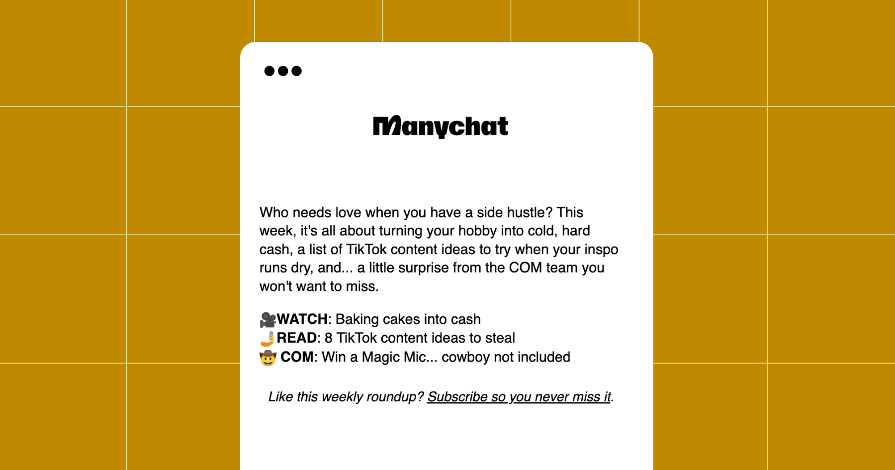 Screenshot of the Manychat newsletter promoting the Magic Mic giveaway via Instagram
