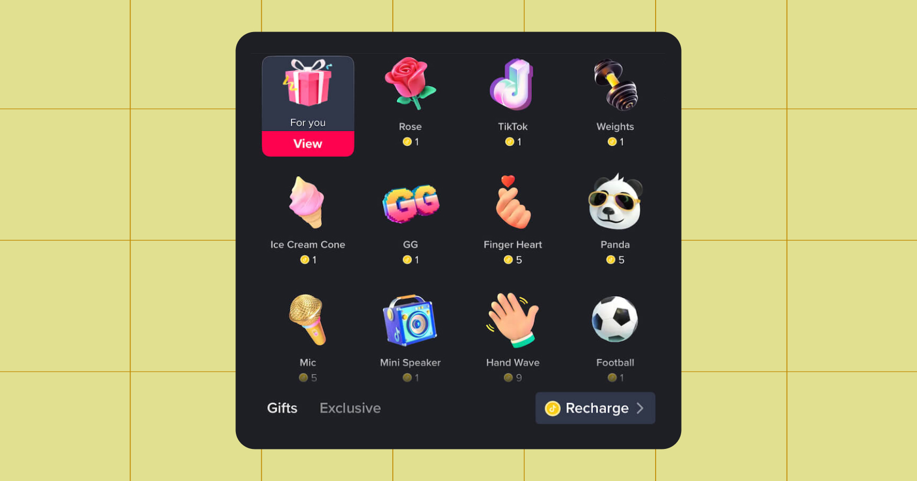 Screenshot of TikTok Gift options, including a Rose, TikTok logo, Weights, Ice Cream Cone, GG, Finger Heart, Panda, Mic, Mini Speaker, Hand Wave, Football (U.S. soccer ball), and more