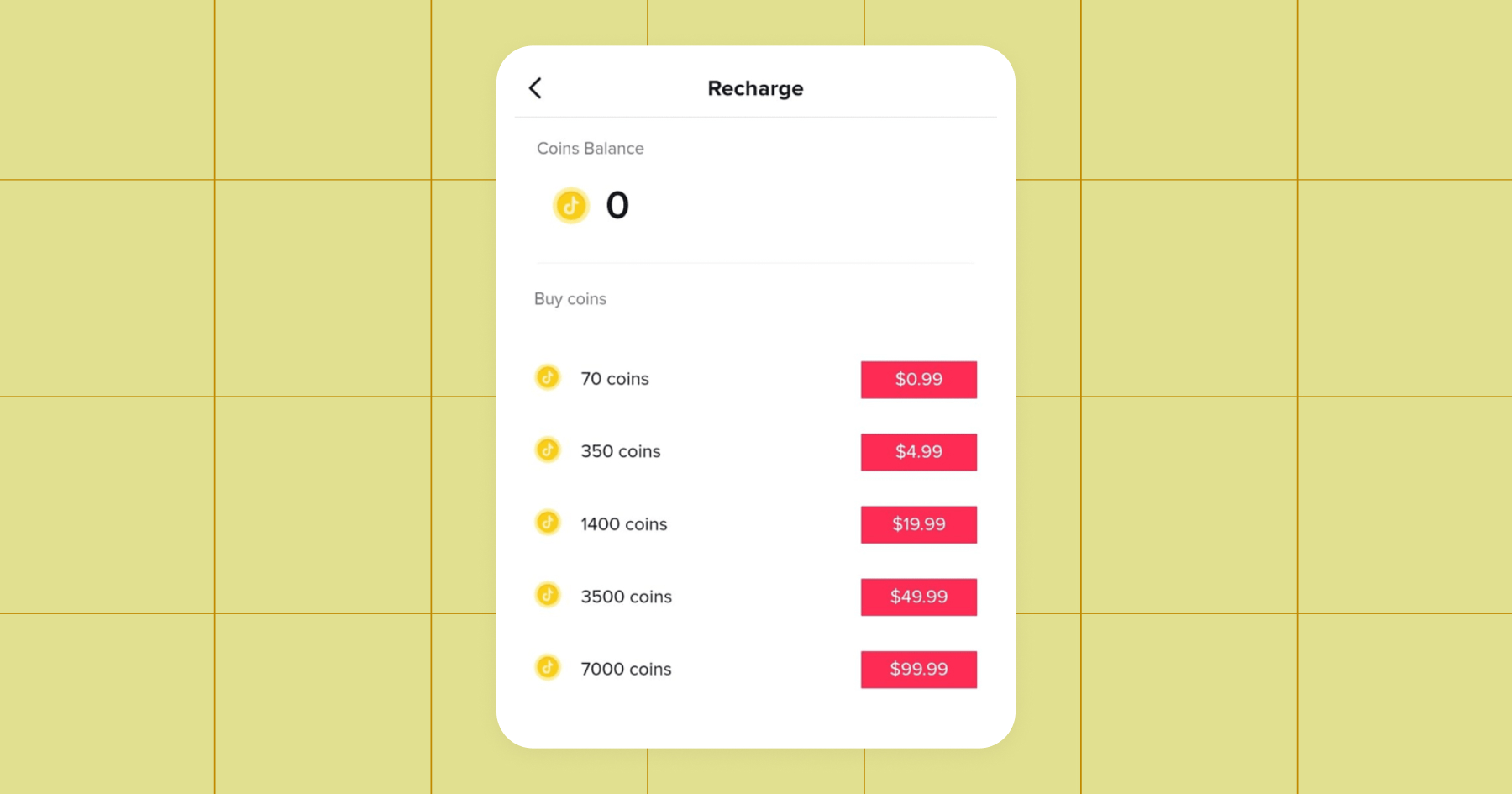 Screenshot of the Recharge options where you can buy 70 coins for U.S. $0.99, 350 coins for $4.99, 1400 coins for $19.99, 3500 coins for $50.00, and 7000 coins for $99.99
