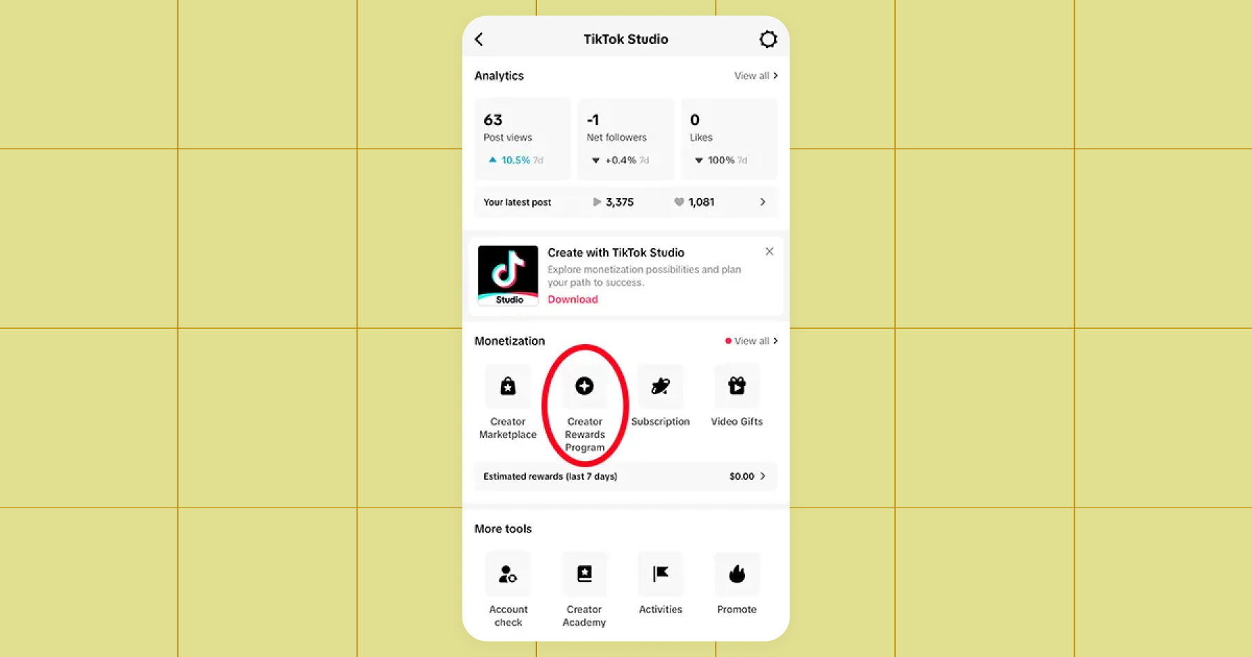 Screenshot of the Creator Rewards Program circled on the TikTok Studio