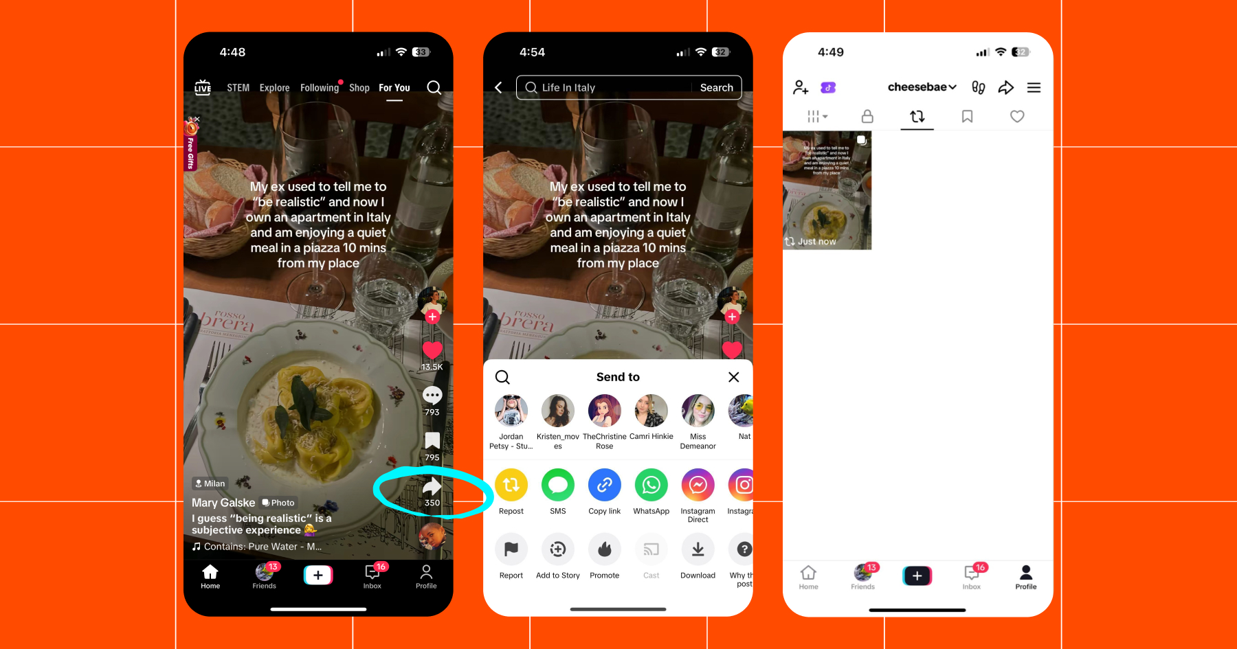 Screenshot showing the steps to repost a video on TikTok: 
1. Open the TikTok app.
2. Go to the video you want to repost.
3. Hit Share on the right-side menu.
4. Hit Repost.