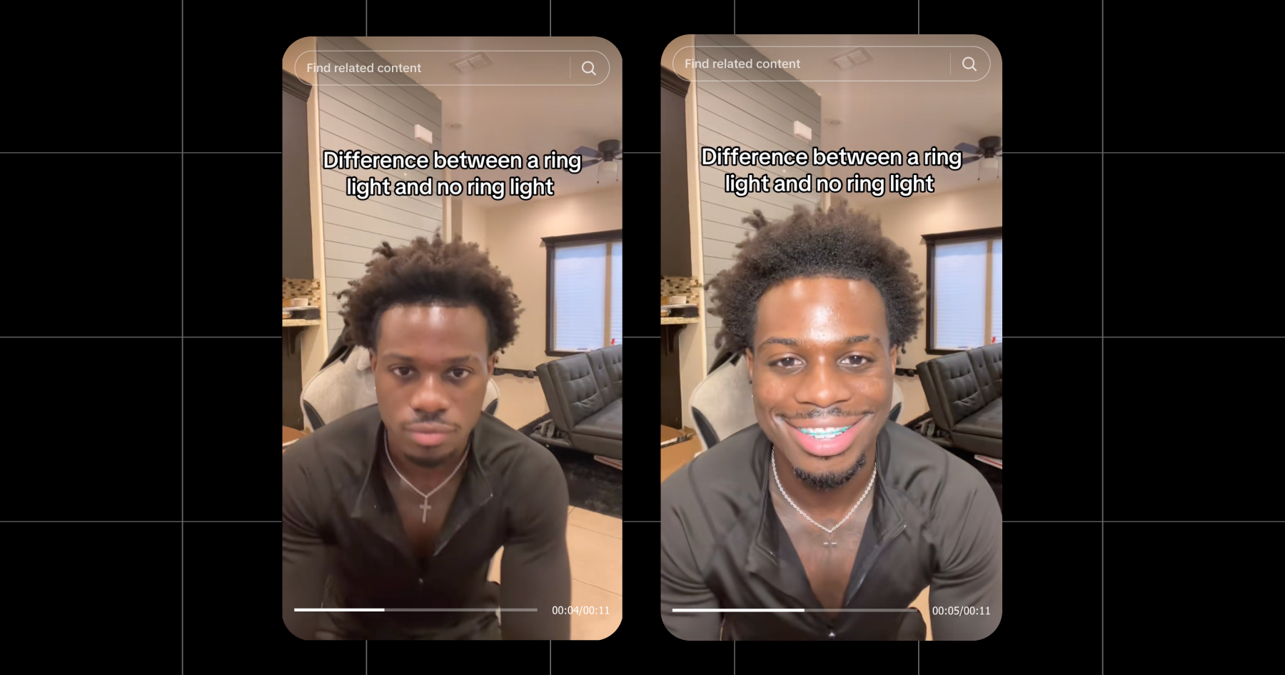 Screenshot of lighting example with no ring light on the left and a ring light on the right 