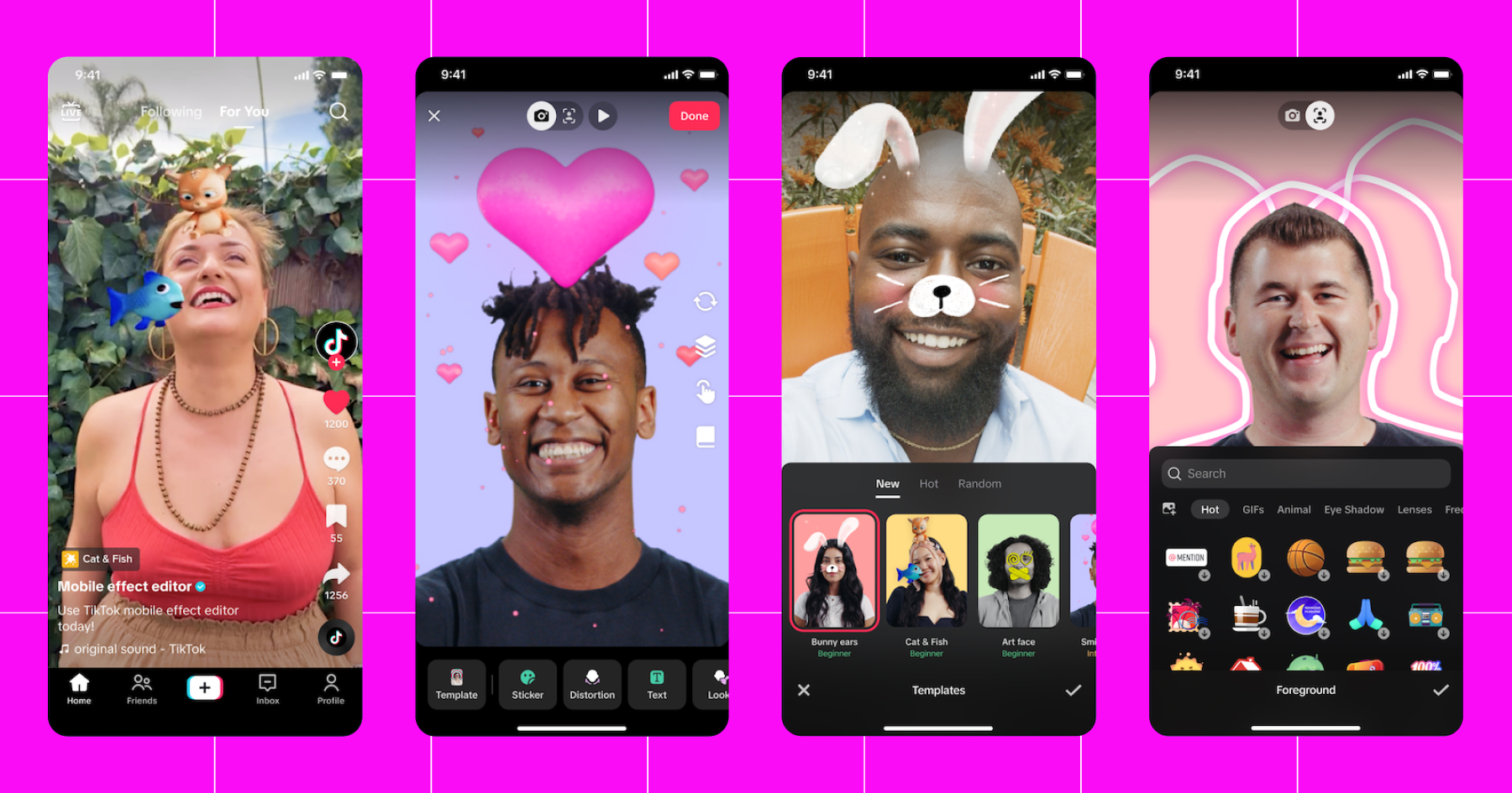 Screenshot of different TikTok Effects options, including giants hearts, bunny ears, and other graphic effects. 