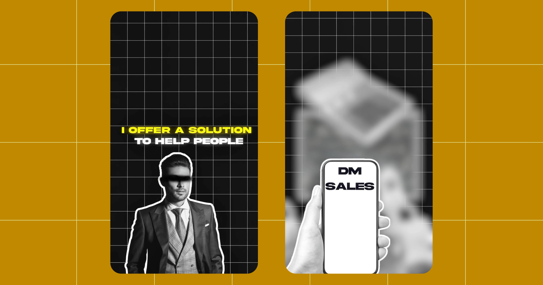 Screenshot of Instagram Story formatted images that read "I offer a solution to help people" and "DM sales"
