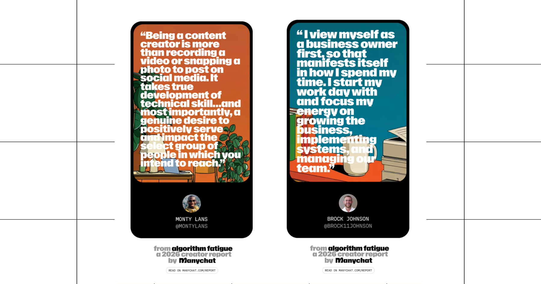 Screenshot of quotes from creators Manychat often works with in the Creator Report: Monty Lans and Brock Johnson 
