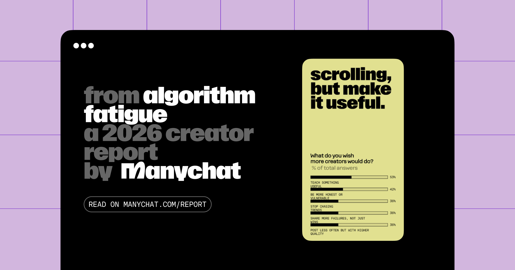 Screenshot of "scrolling but make it useful" from the Manychat 2026 Creator Report 