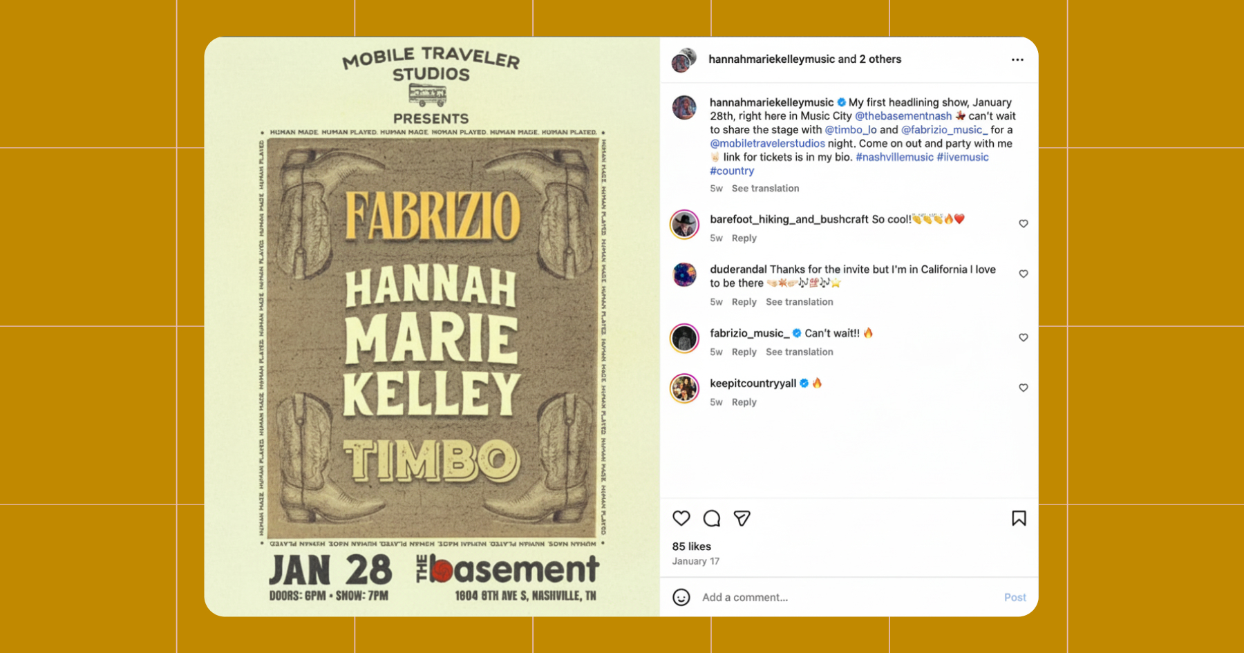 Screenshot of Hannah Marie Kelley's Instagram account showing a post about an upcoming show