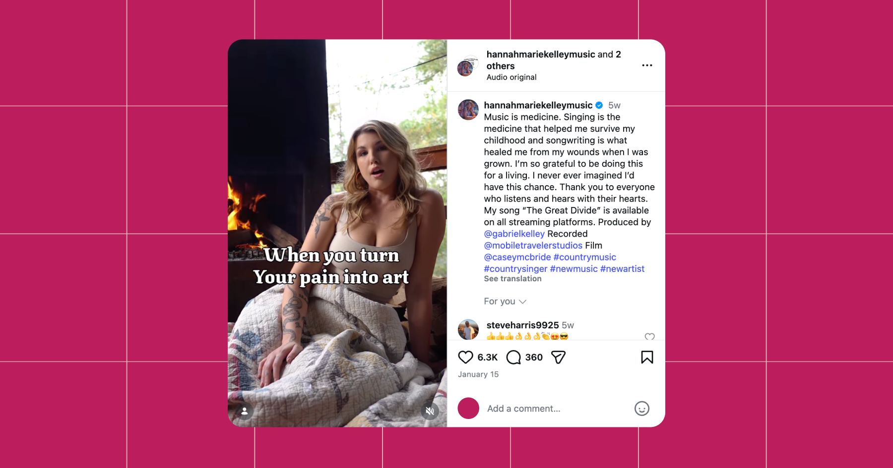 Screenshot of Hannah Marie Kelley's Instagram account featuring a post captioned "When you turn your pain into art" over an image of her sitting underneath a blanket in front of a fireplace. 