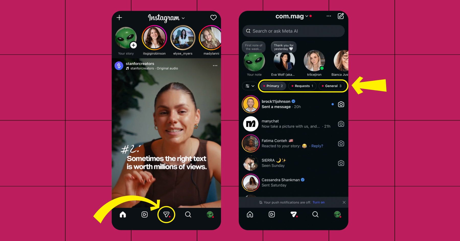 Screenshots navigating to the Instagram inbox 