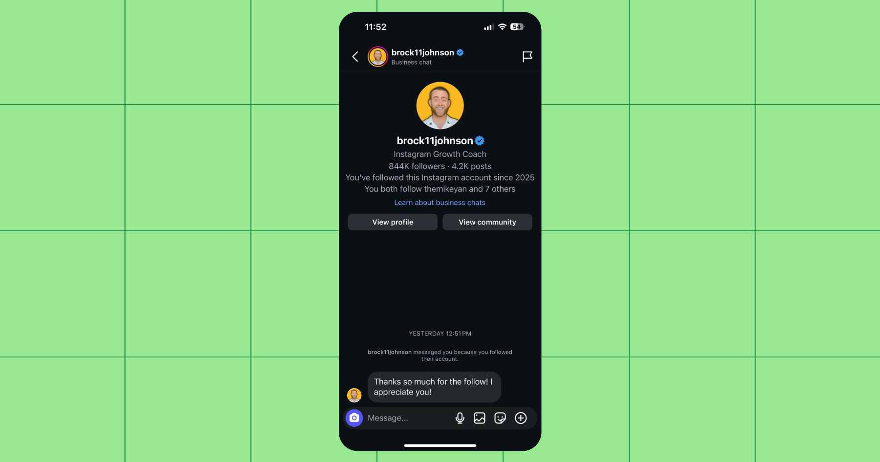Screenshot of Brock Johnson's welcome message using Manychat's Follow to DM feature 