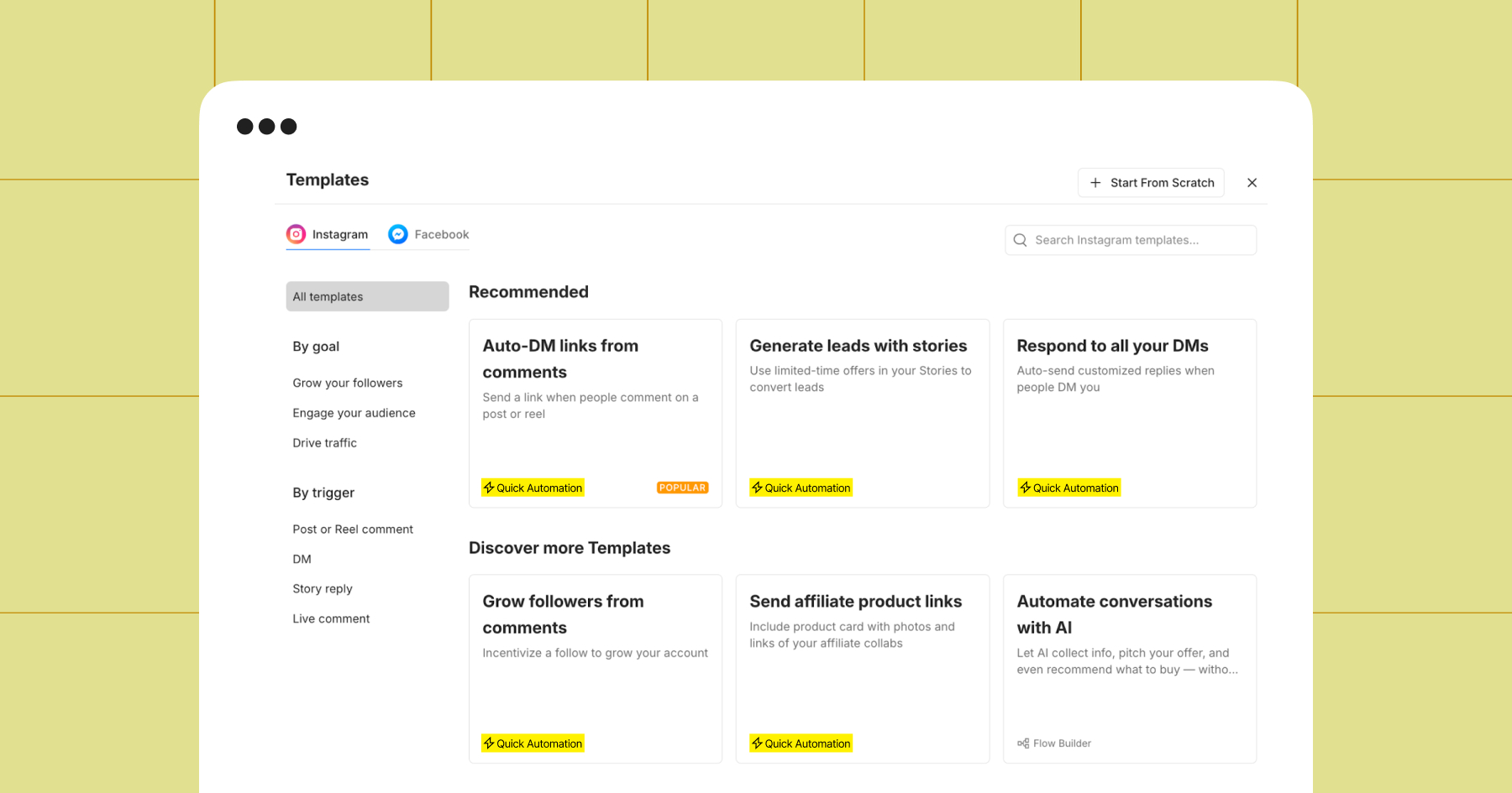 Screenshot of quick automation templates in Manychat