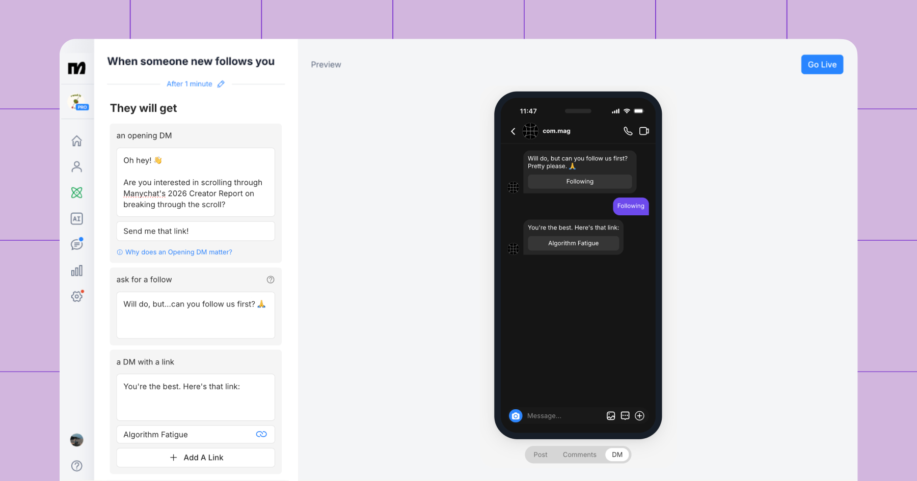 Screenshot of a quick automation for new followers in Manychat