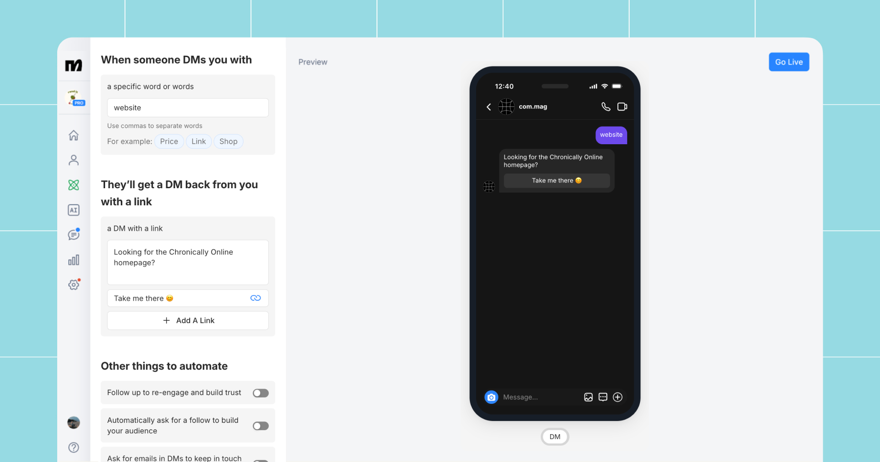 Screenshot of quick automation when someone DMs you with a keyword in Manychat