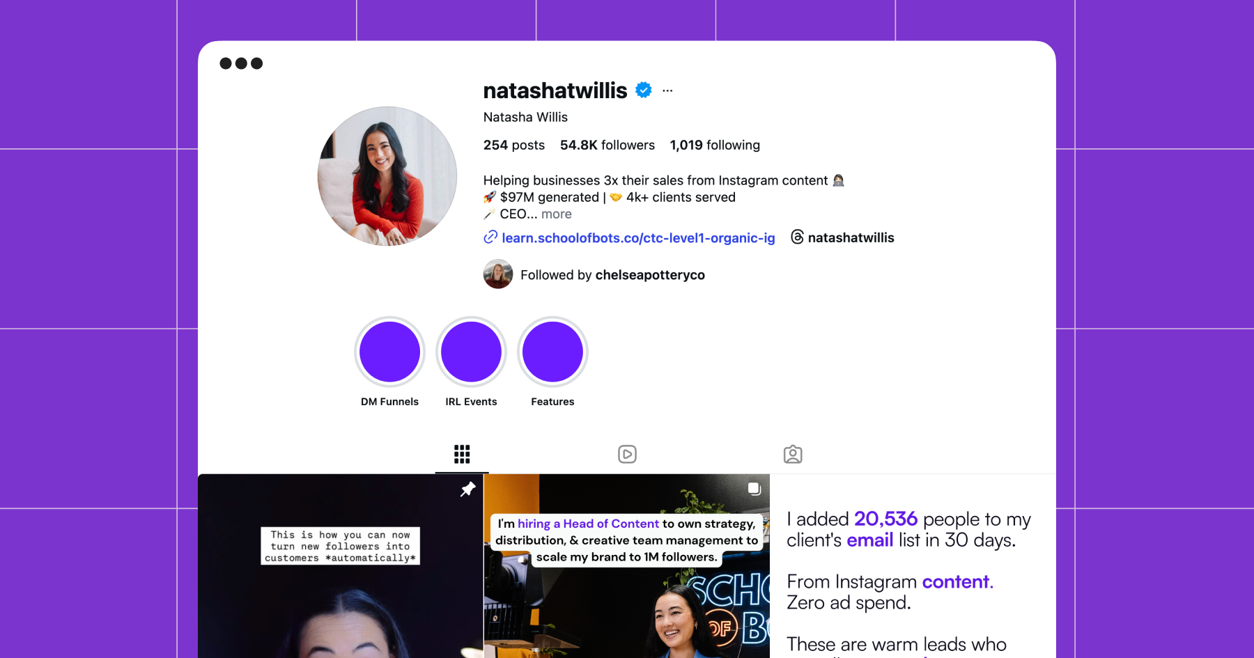 Screenshot of Natasha Willis's Instagram account