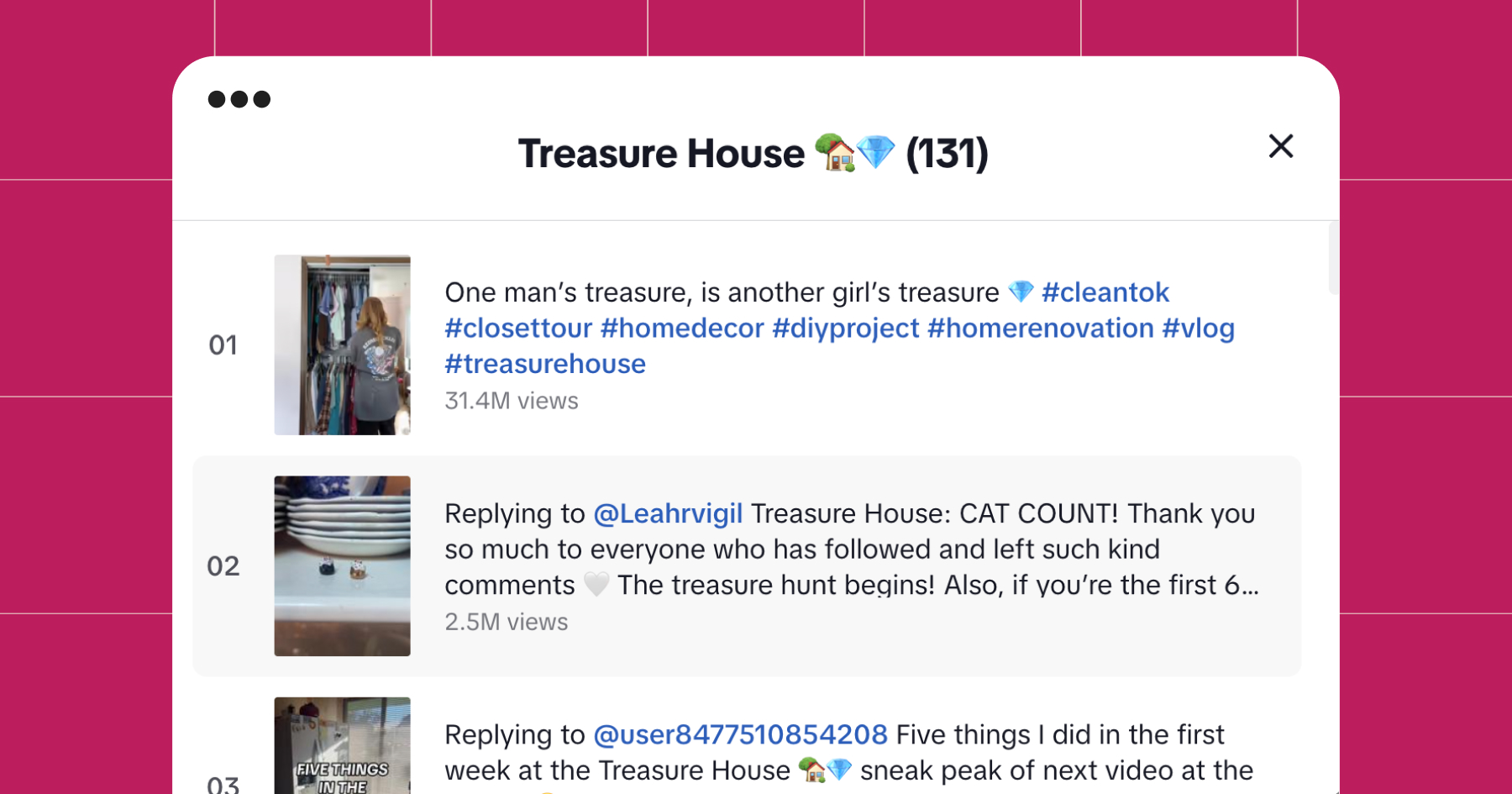 Screenshot of Treasure House series on TikTok with 131 videos