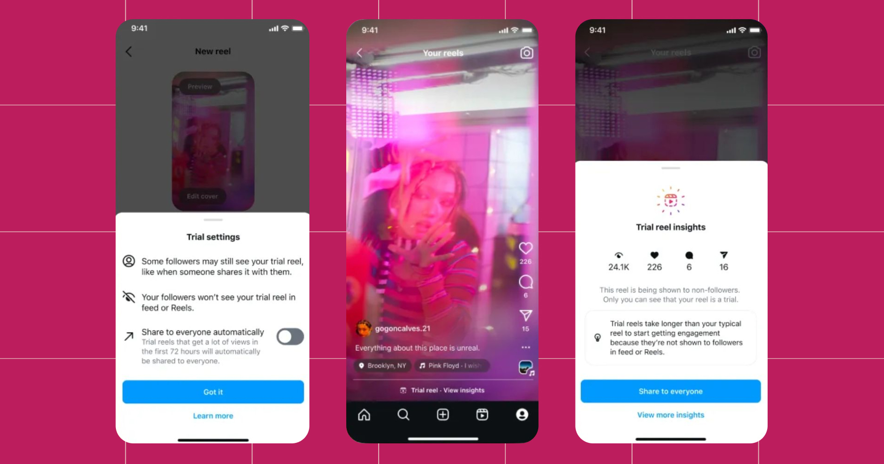 Screenshot of trial reels settings on Instagram 