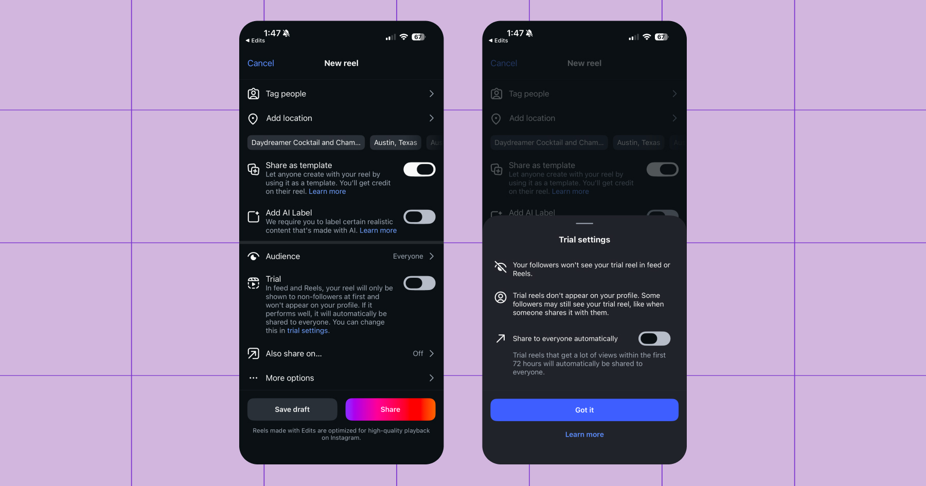 Screenshot of trial reel settings on Instagram 