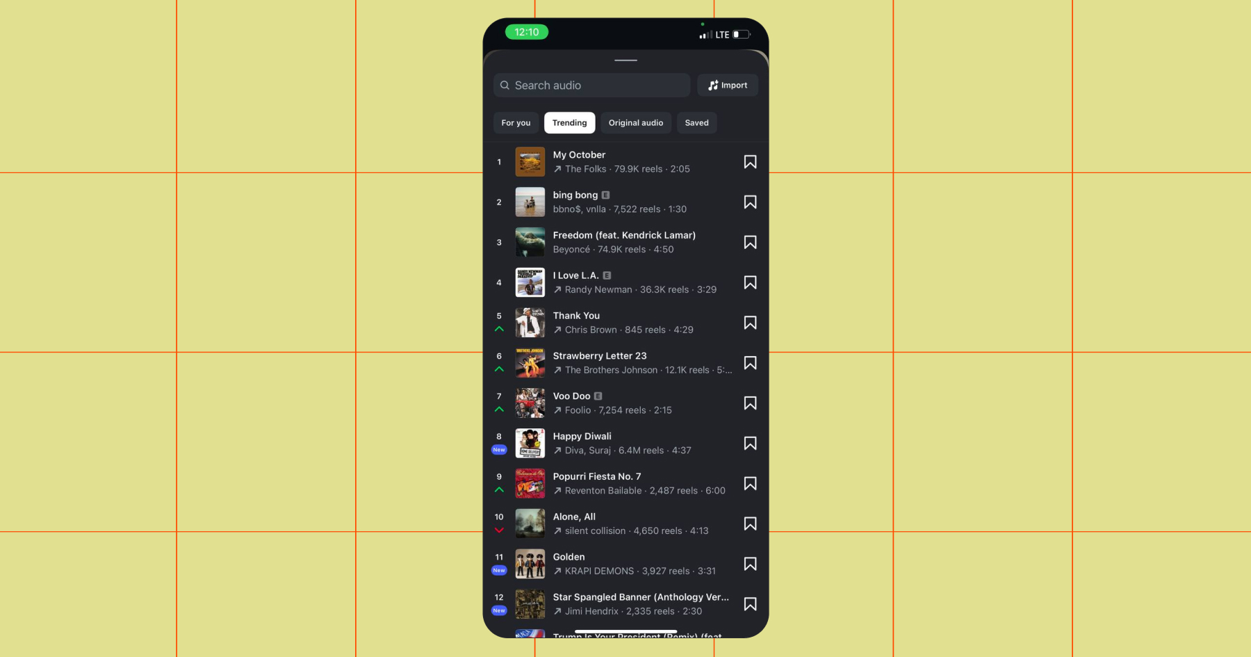 Screenshot of trending audio options in Instagram