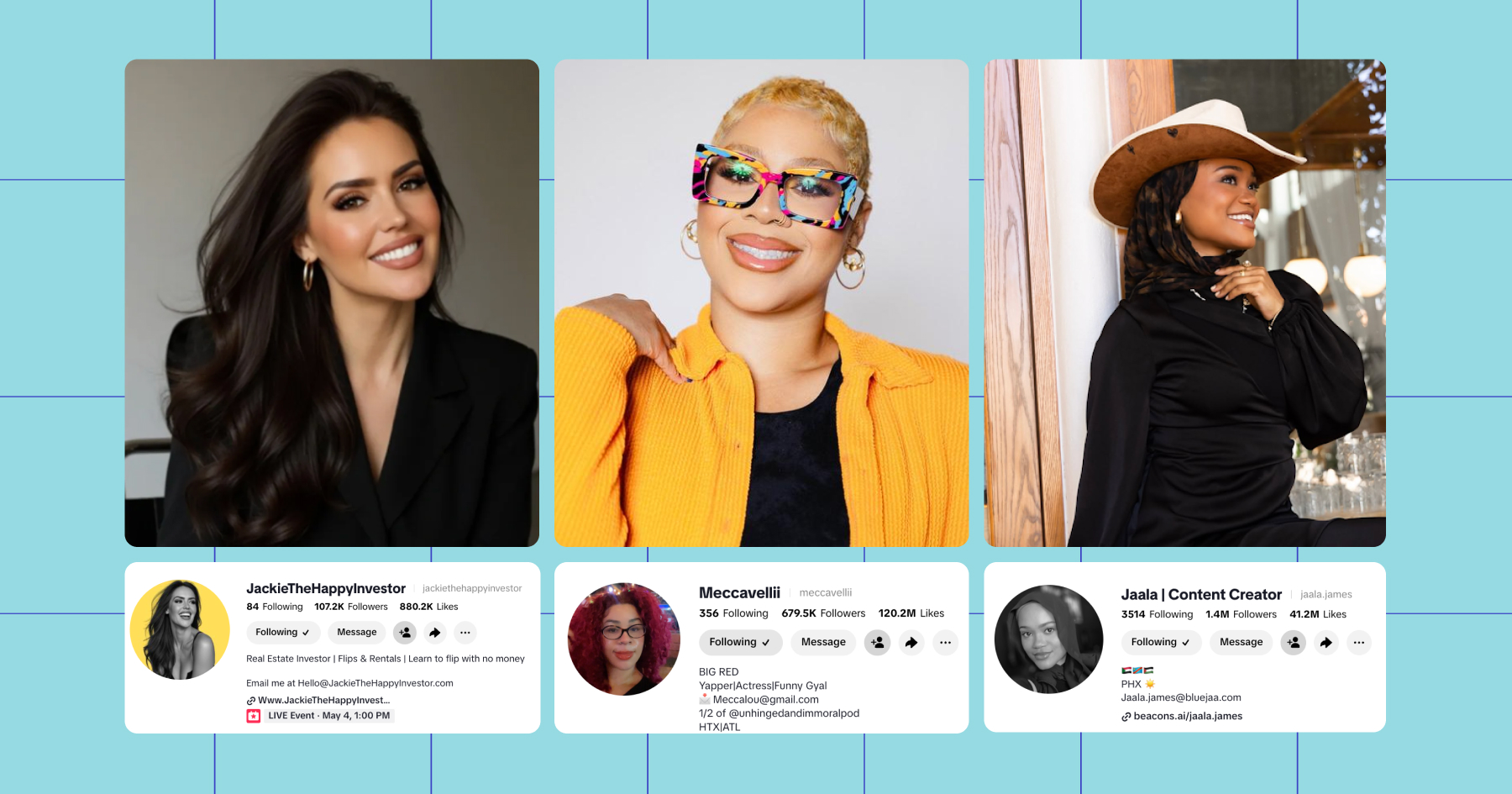 Screenshots of the three macro creators and their Instagram profiles: 1. Jackie Coffey @jackiethehappyinvestor, 2. Mecca Evans @meccavellii and 3. Jaala James @jaala.james 