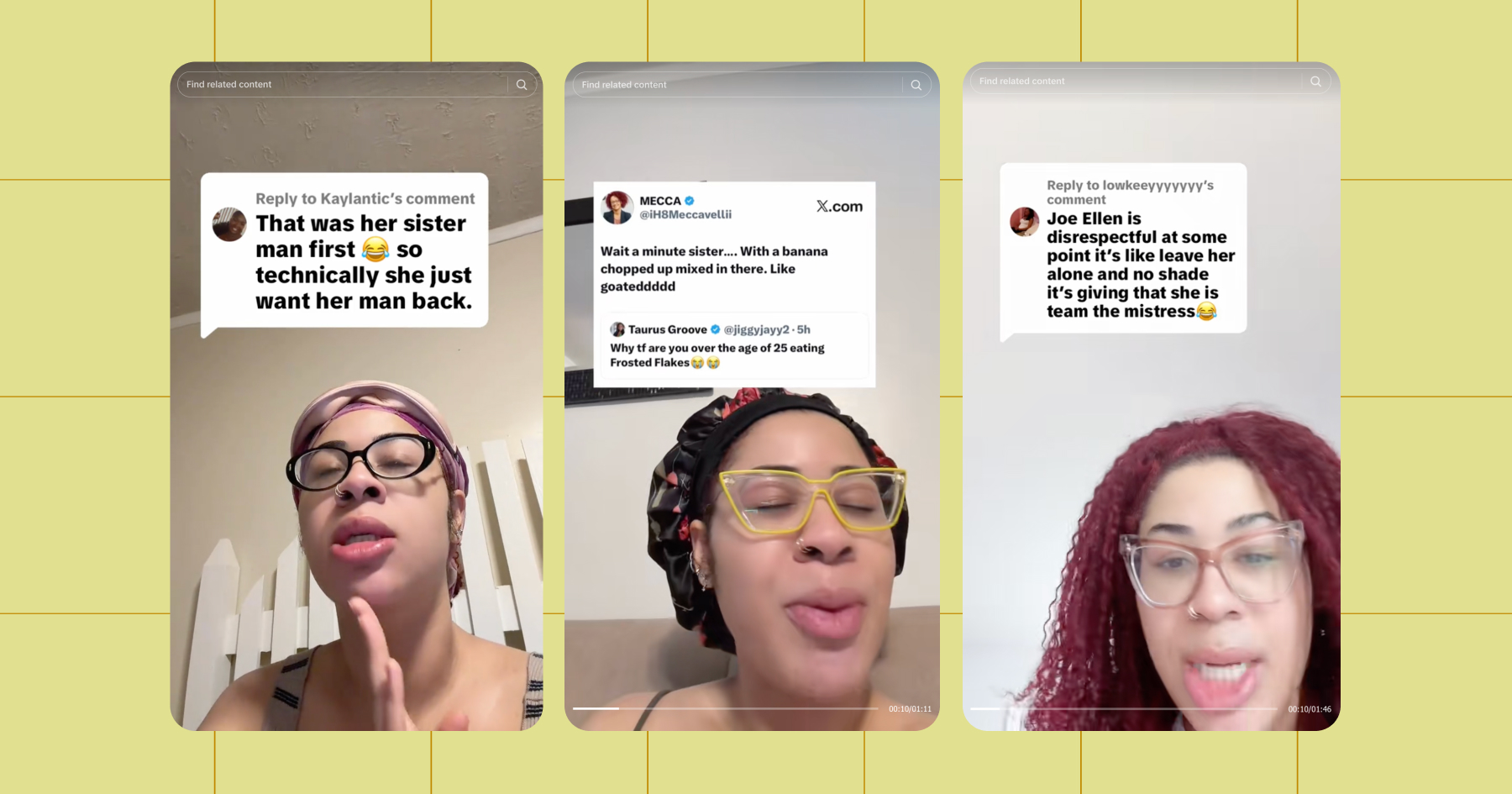 Screenshots of Mecca responding to comments on her TikTok videos with more TikTok videos