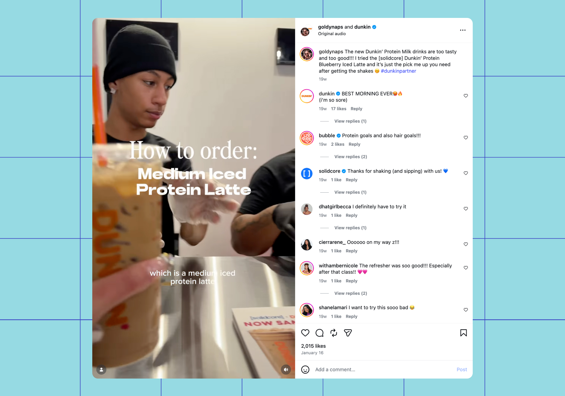 A partnership post between an influencer and Dunkin' 