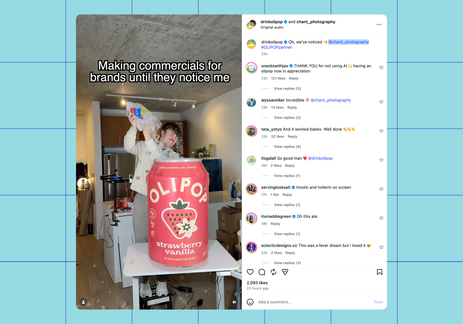 Olipop partnership post on Instagram featuring a creator who is "making commercials for brands until they notice me" 