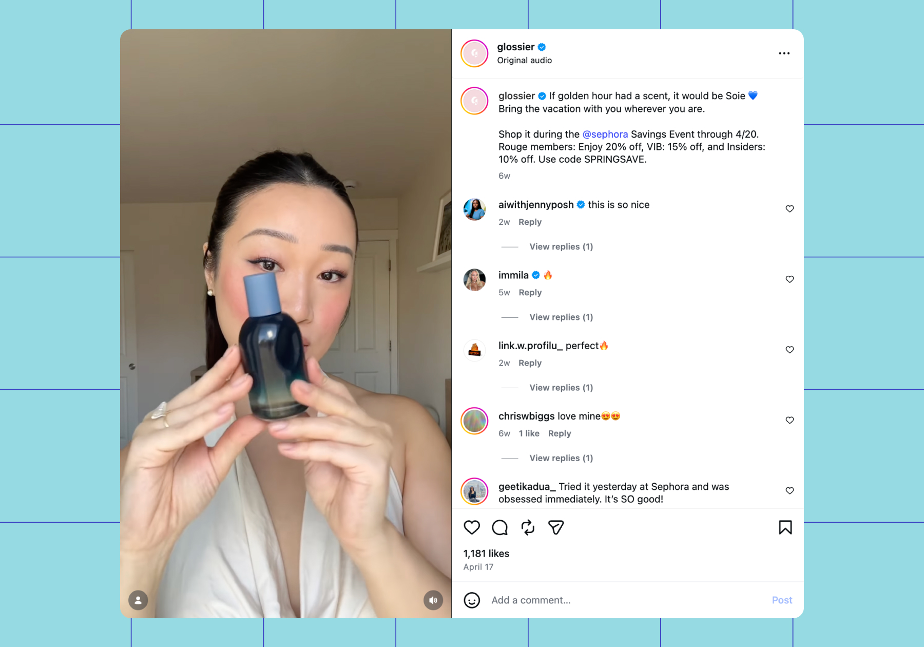 Glossier Instagram post featuring a micro-creator 