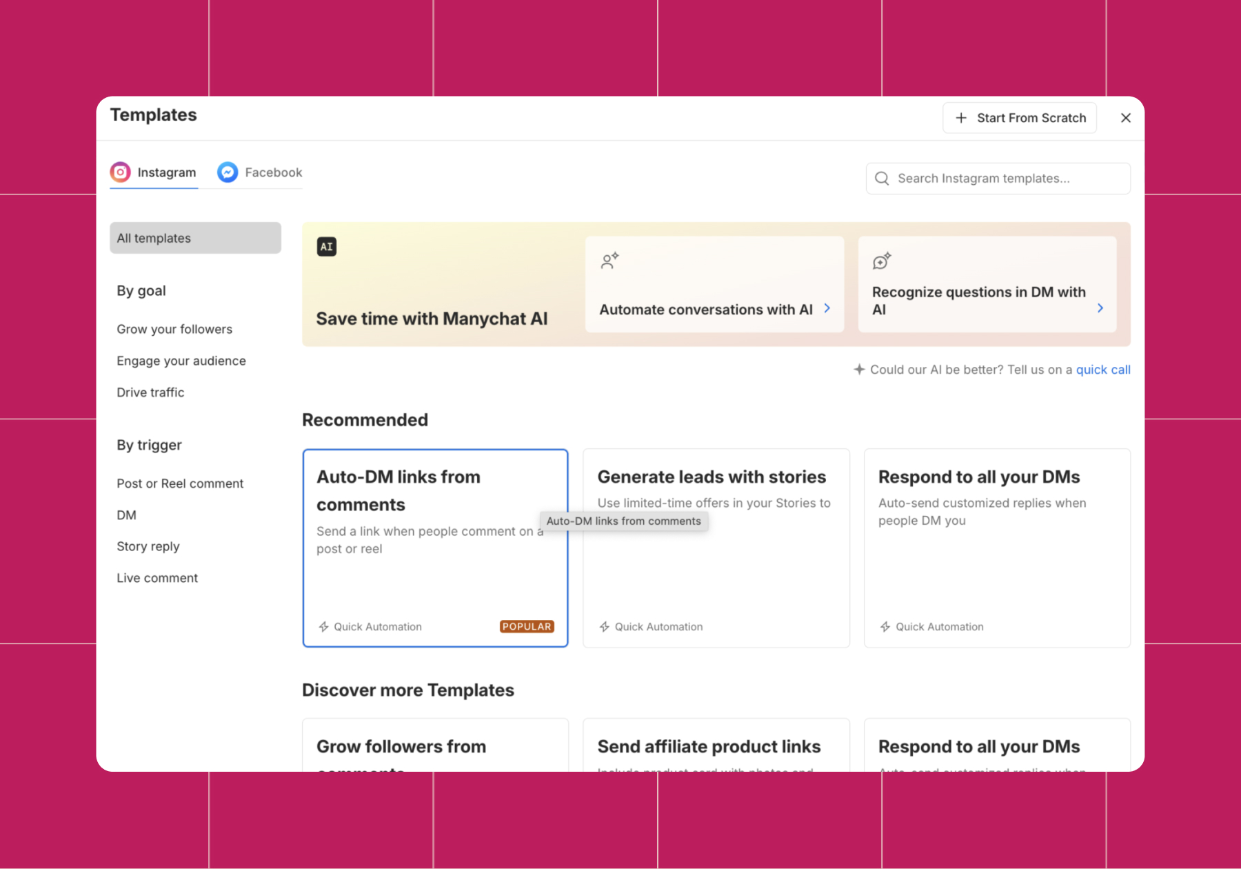 Screenshot of the ‘Auto-DM links from comments’ template in Manychat 