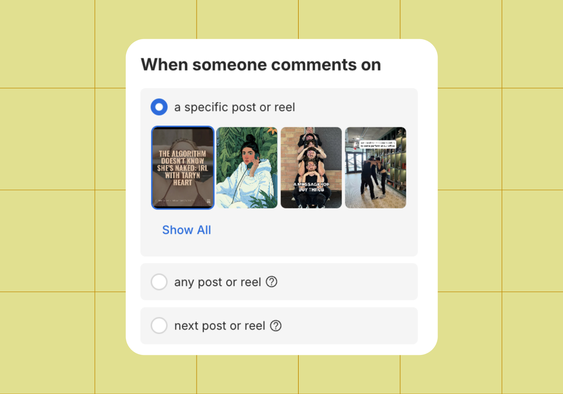 Screenshot of options for when someone comments on a specific post or reel, any post or reel, or next post or real with "specific" selected