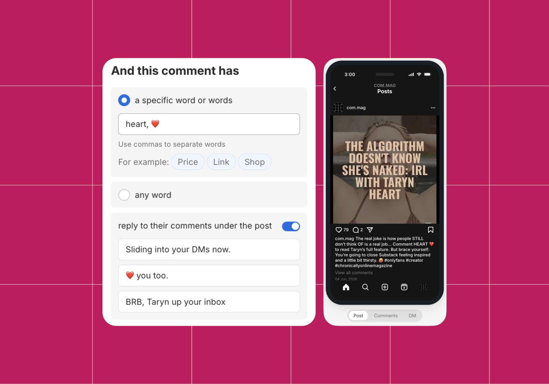 Screenshot of "And this comment has" options with "a specific word or words" selected and the word "heart" plus a heart emoji added. The option to "reply to their comments under the post" is also toggled on. There's a second screenshot of what the post looks like live on Instagram next to it. 