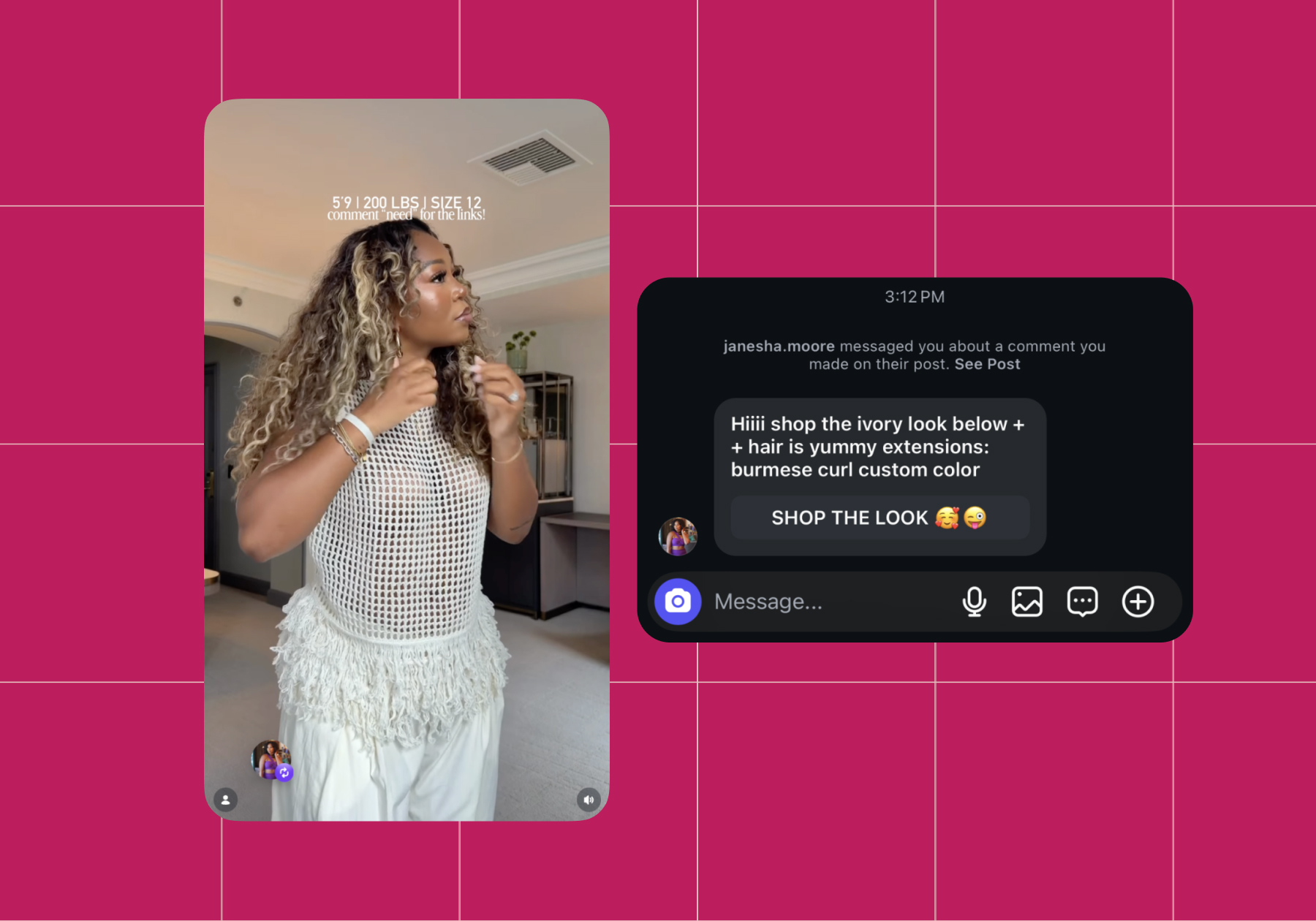 Screenshot of an example DM from affiliate marketer Janesha Moore. It reads "Hiiii shop the ivory look below + hair is yummy extensions: burmese curl custom color." 