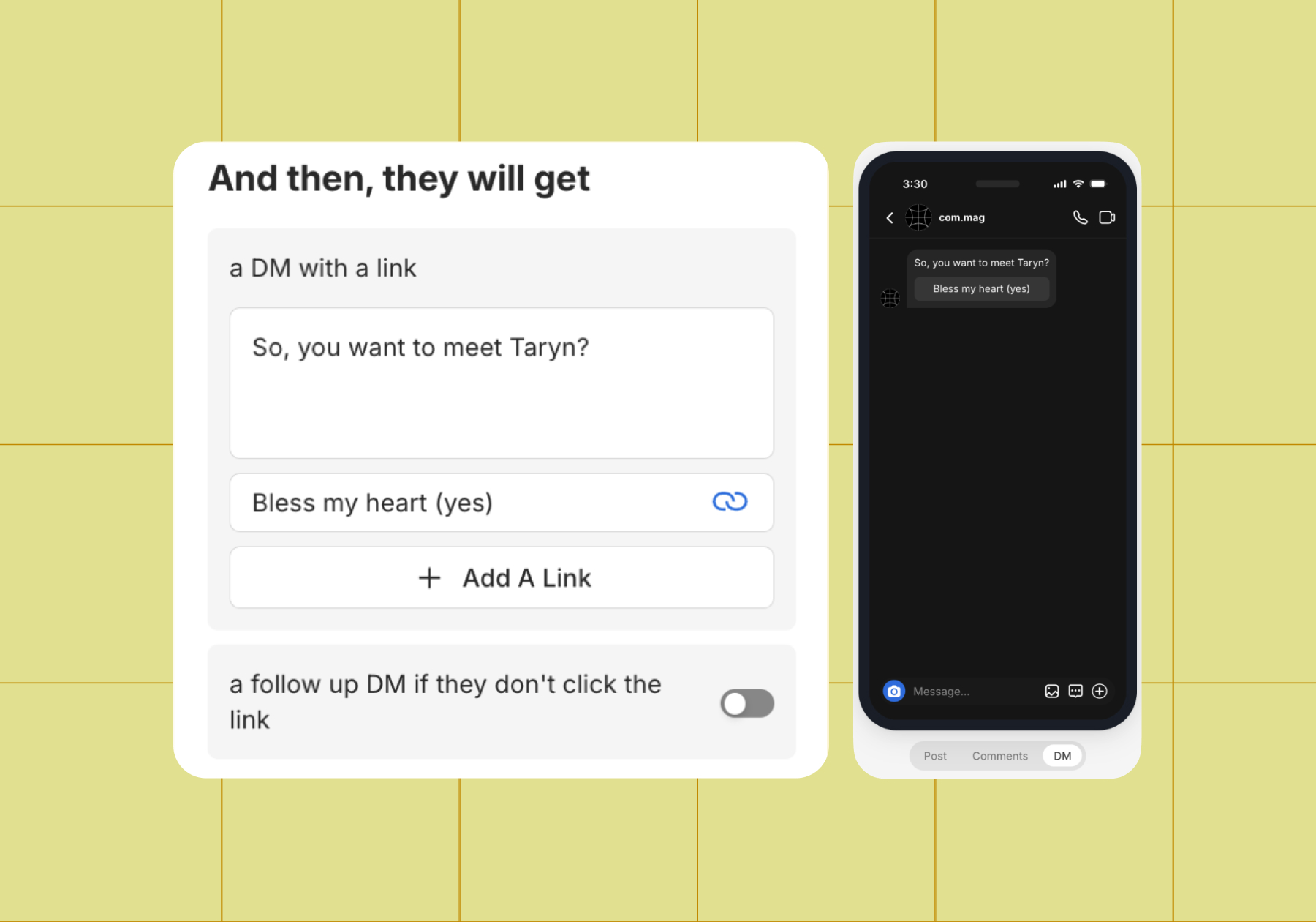 Screenshot of selections options next to what the final message with a CTA button looks like on Instagram 