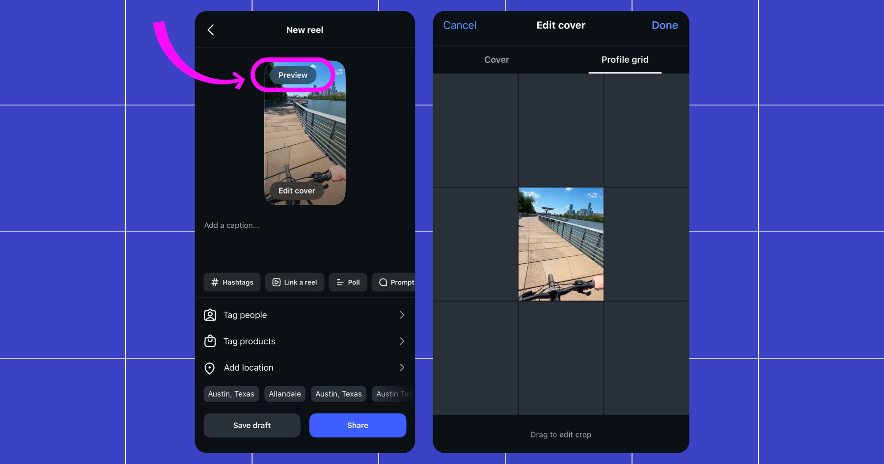 Screenshot of preview options for a post on Instagram