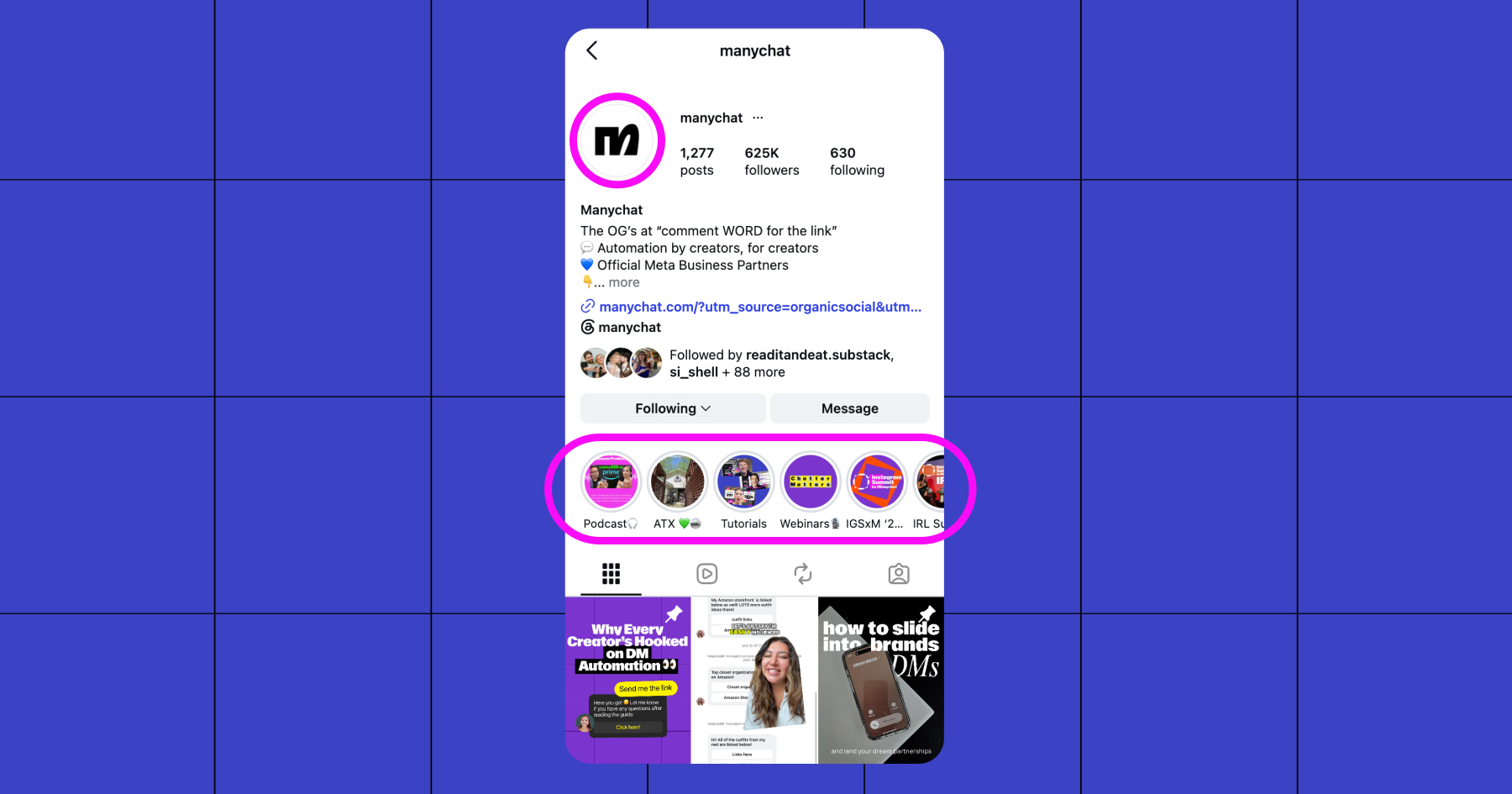 Screenshot of highlights on an Instagram profile
