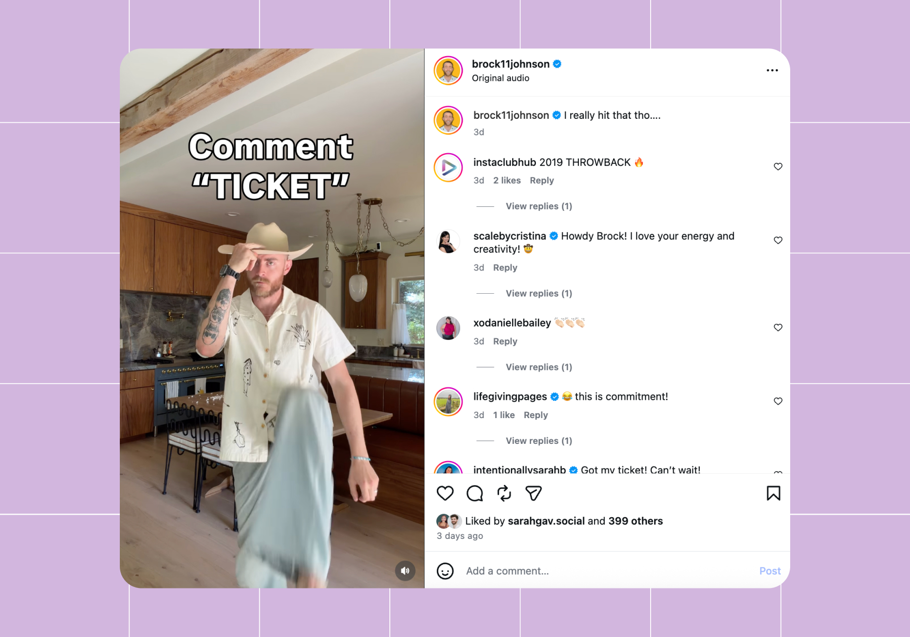 Screenshot of an Instagram post from creator Brock Johnson with the caption "Comment 'TICKET'" superimposed over a photo of him in a cowboy hat